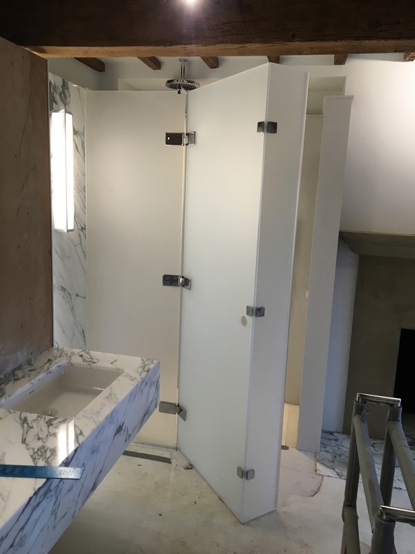 Bespoke frosted glass shower enclosure in Crystal Palace luxury bathroom